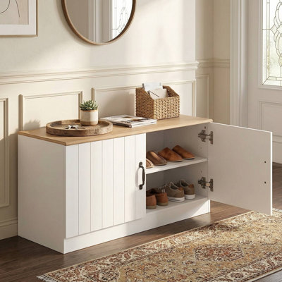 Durable Space Saving 2 Door Shoe Storage Bench Cabinet With Adjustable Shelves For Entryway Hallway Foyer Organization Use