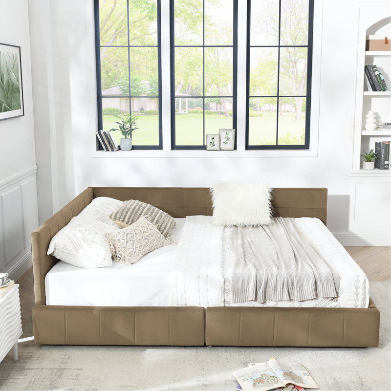 Velvet Upholstered Storage Daybed with 2 Drawer, Brown, Queen