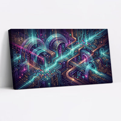 «Futuristic Circuit Arches in Neon Cyan and Mauve», art mural sur toile