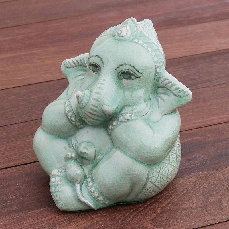 Figurine Flamad Ganesha et la souris Céladon en céramique