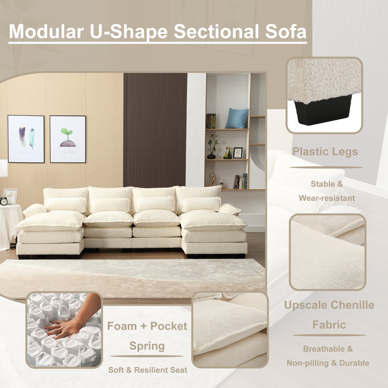 110.6" U-Shape Chenille Sofa, Beige Chenille/Foam Padding