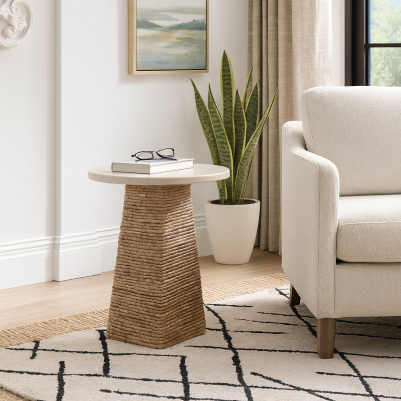 Marble Top With Woven Accent Base End Table - Stylish Small Round Side Table And Narrow End Table For Everyday Use - Functional Living Room End Tables Or Nightstand Alternatives - 20", Ivory