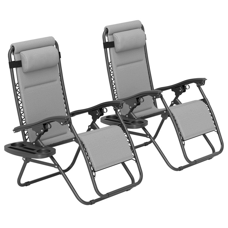 Zero Gravity Chairs Set of 2, Reclining Folding Zero Gravity Lounge Chair, Outdoor Lounge Chairs with Cushion, Headrest, and Cup Phone Holder Tray for Patio, Beach