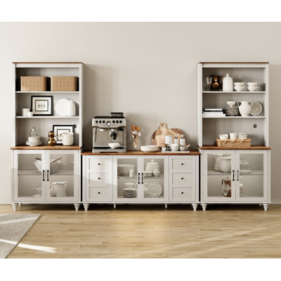 Sideboard Cabinet With Bar Hutch, Buffet Cabinet With 2 Glass Doors, 3 Tier Shelves And 2 Wood Storages, White, 125