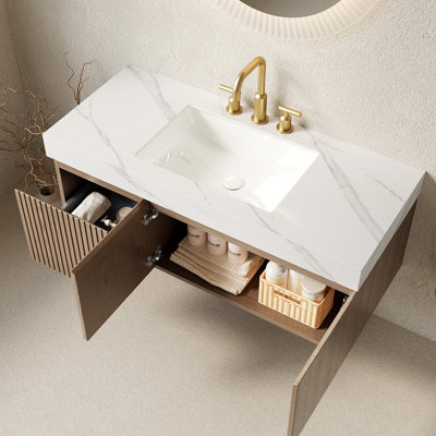Ensemble de meuble-lavabo et lavabo 48 po, armoire de rangement en contreplaqué flottant avec tiroir et portes, plateau en pierre frittée gris clair et lavabo en céramique avec 3 trous de robinet pré-percés, pré-assemblé, couleur grain de bois de chêne blanc