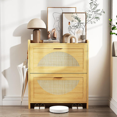 Rattan Shoe Storage Cabinet with 2 Flip Drawers, Free-Standing Wooden Shoe Organizer with Adjustable Shelves