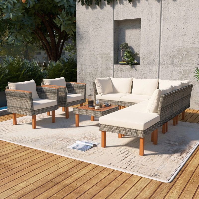 9-Piece Rattan Patio Conversation Set With Cushions