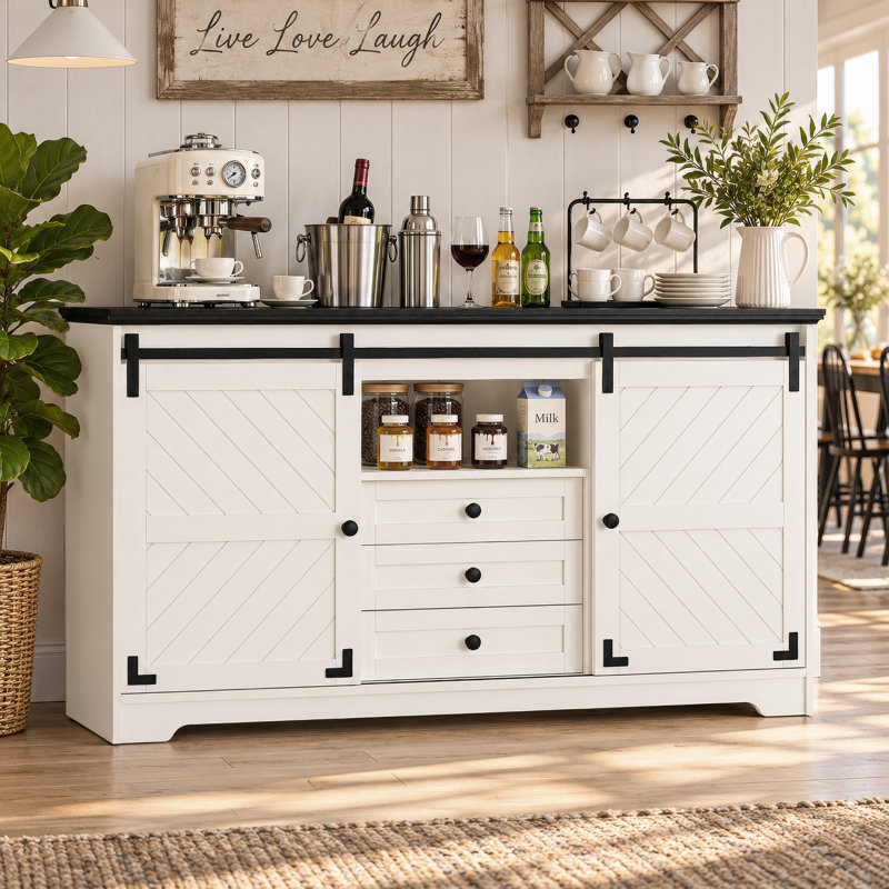59" White Farmhouse Sideboard Buffet Cabinet with Sliding Doors
