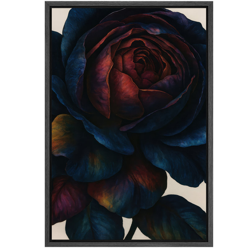 Art floral sur toile encadré rouge profond et rose bleue, H 24 po x l 16 po, Toile tendue, Ne s’applique pas