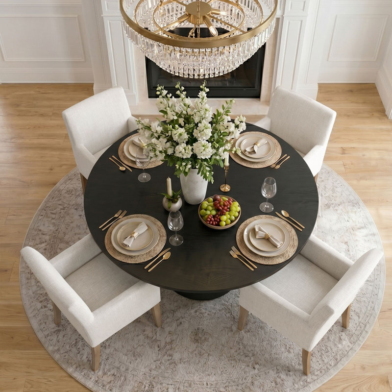 Ensemble de table de salle à manger pour 4 personnes avec table ronde unie et 4 fauteuils rembourrés en tissu, Cream