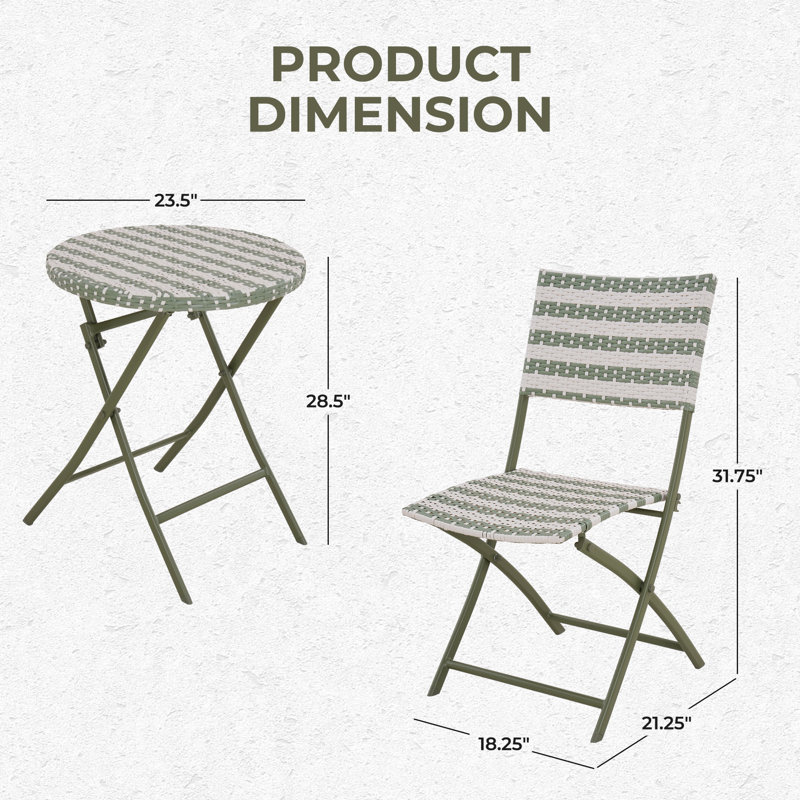 3-piece Steel Frame Wicker Folding Bistro Set, Green
