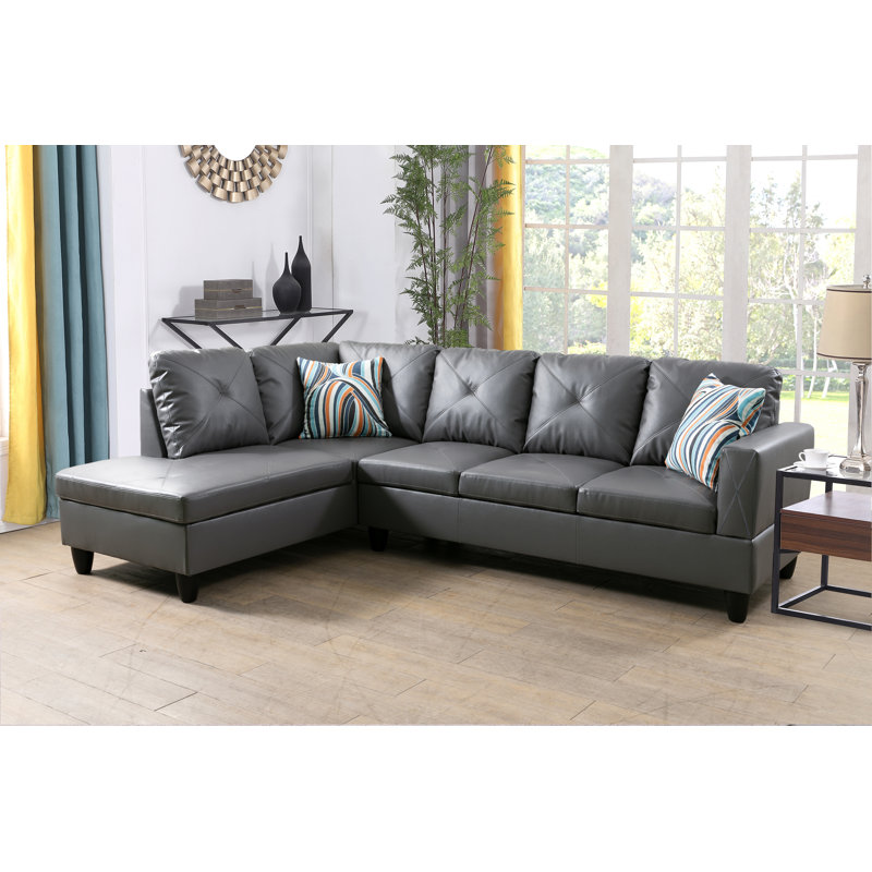 Tamez Faux Leather L-Shaped Sectional, Left Hand Facing, Elephant Gray Faux Leather