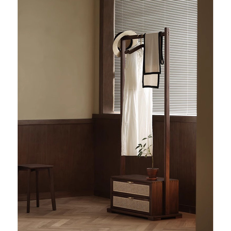 Elegant Black Walnut & Rattan Coat Rack