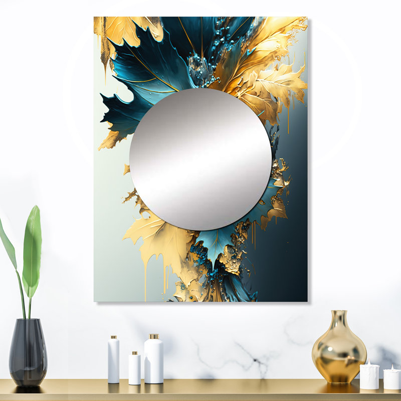 Crooke abstrait bleu et doré II - feuilles, miroir décoratif, 32 po x 24 po
