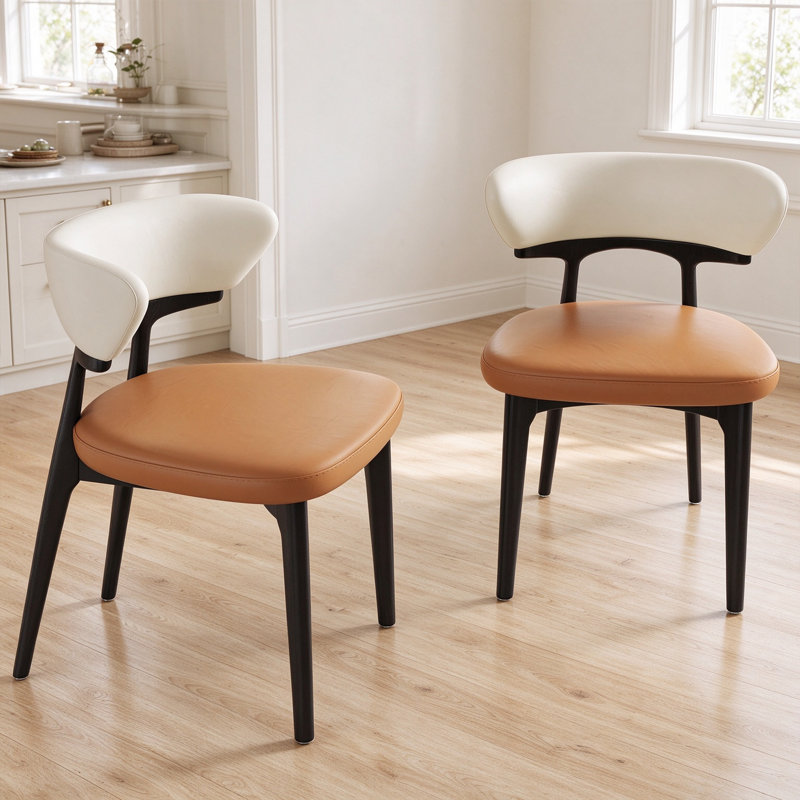 Ensemble de 2 chaises de salle à manger modernes entièrement assemblées en similicuir blanc et brun caramel avec des pieds en bois massif