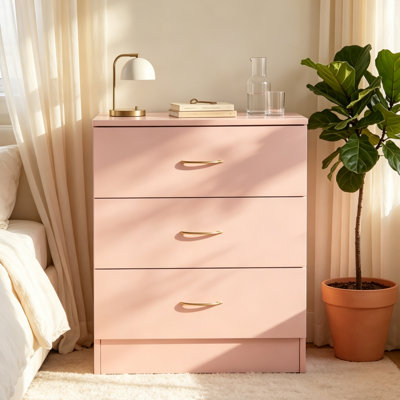 Commode 3 tiroirs avec fausses poignées en or rose, commode rose pour chambre à coucher et salon - Armoire de rangement minimaliste moderne