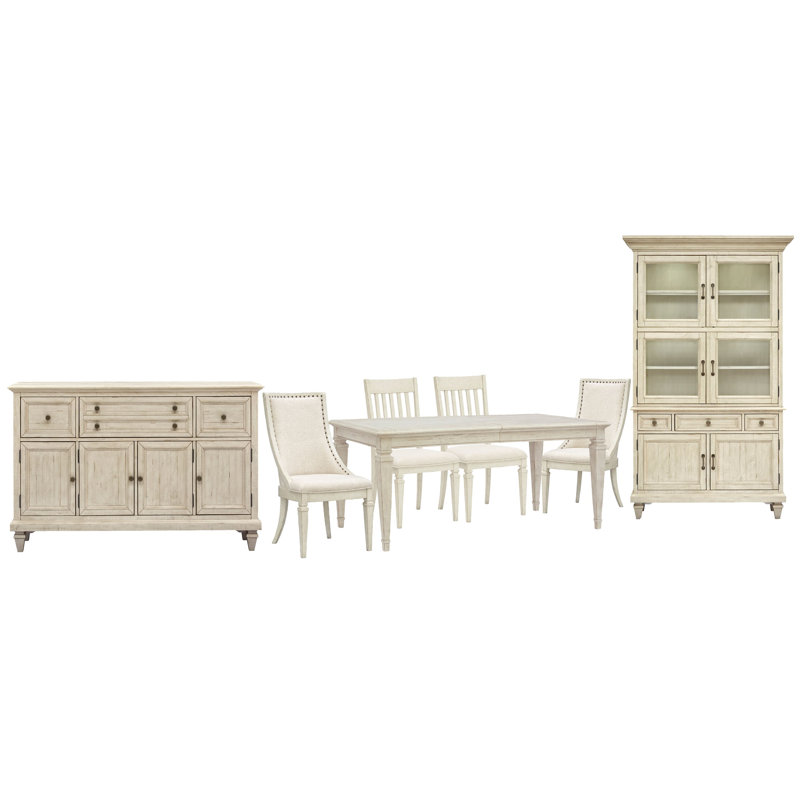 Extendable Rectangular Dining Table With 2 Side Chairs 2 Arm Chairs Buffet And Dining Cabinet