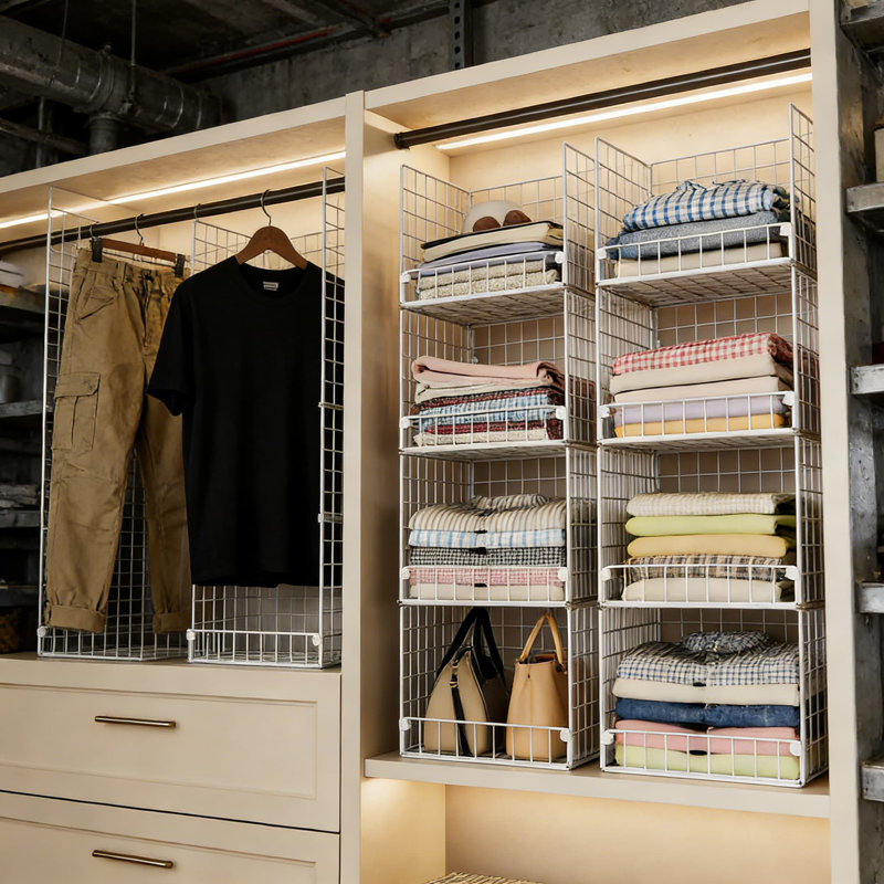 Organisateur de garde-robe empilable à 5 niveaux avec paniers, système de tablettes de rangement pliables et peu encombrantes, conception en maille de fer robuste pour les vêtements et l'organisation à la maison