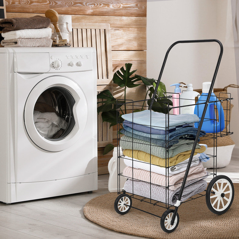 Chariot utilitaire avec panier double, chariots à roulettes pliables pour l'épicerie