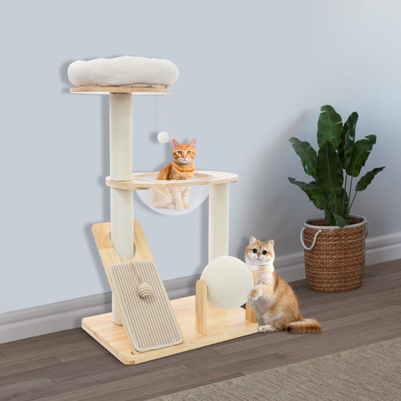 Arbre à chat multifonctionnel en bois, tour d'arbre à chat moderne pour chats d'intérieur