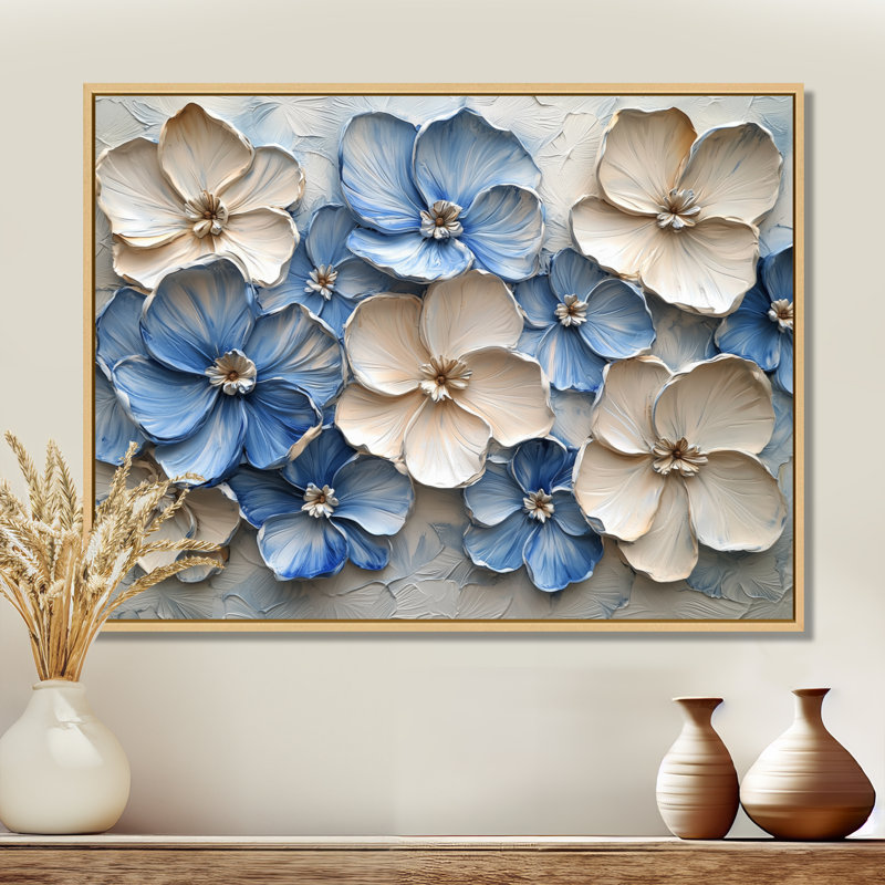 Jacarra velours crème bleu Rhododendron I - art mural rhododendron, H 16 po x l 32 po, Cadre flottant, Naturel