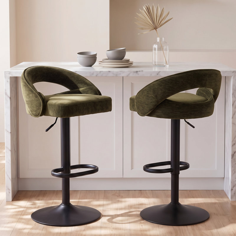 Ensemble de 2 tabourets de bar à hauteur réglable, tabourets de comptoir pivotants en tissu chenille, tabourets de bar de cuisine rembourrés avec dossier ajouré incurvé, tabourets de pub modernes, vert