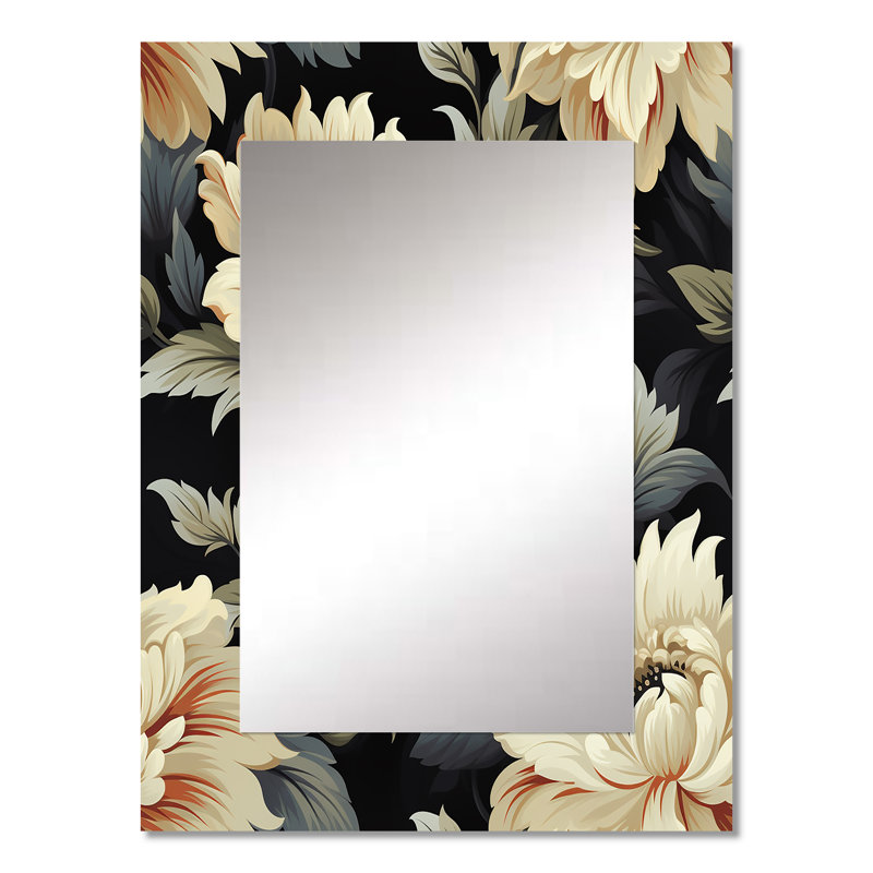 «Susma Luxurious Black and Beige Flowers Damask», miroir décoratif damassé, miroir mural damassé, impression sur métal