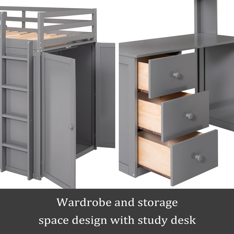 Lit mezzanine avec tiroirs, bureau et garde-robe, Lit simple, Gris