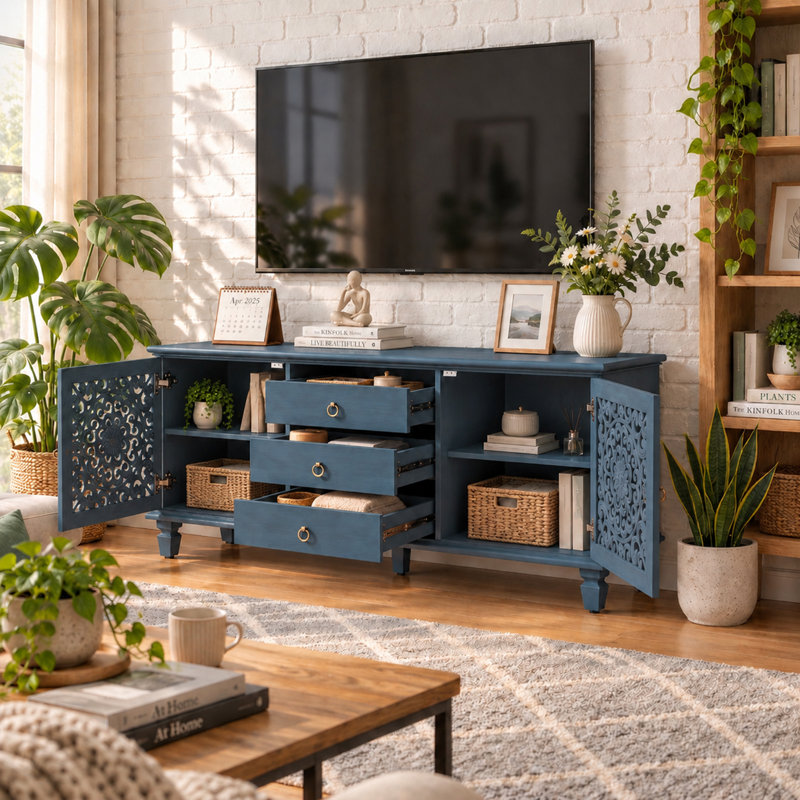 Meuble télé de style ferme vintage de 55,51 pouces avec portes sculptées ajourées, 3 tiroirs et étagères réglables, Bleu