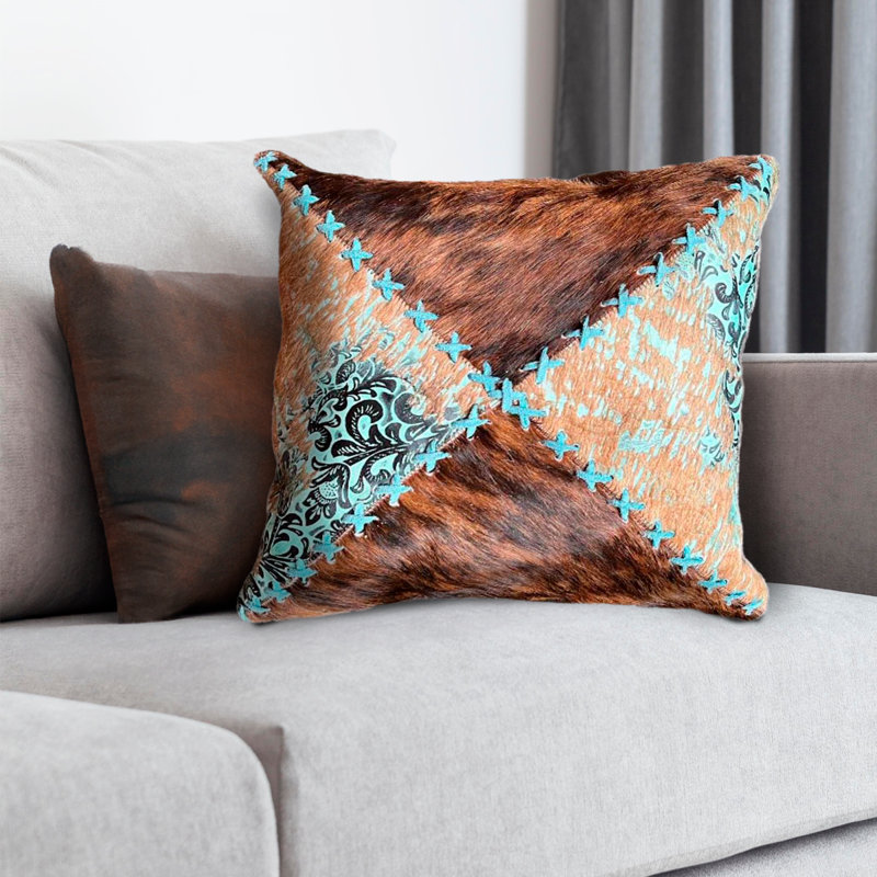 Housse de coussin en cuir de vache et en cuir avec coutures décoratives, Brun / noir / brun clair / turquoise