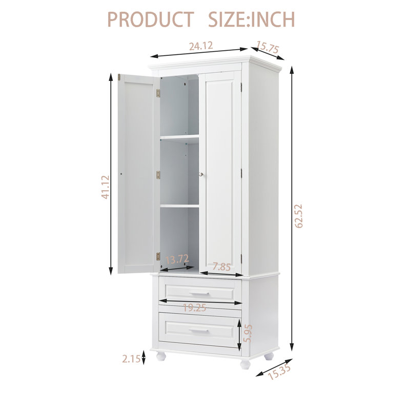 Armoire à linge autoportante à 2 tiroirs avec tablettes réglables, Blanc