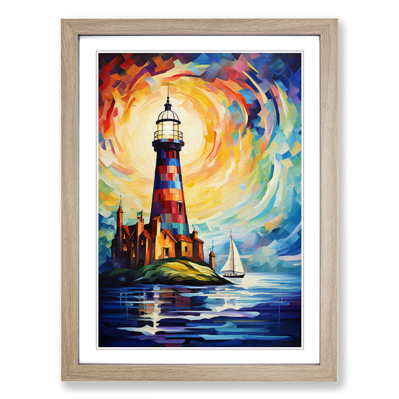 Lighthouse Abstract Art - Framed Print, 34cm H x 25cm W x 2cm D, Oak Framed
