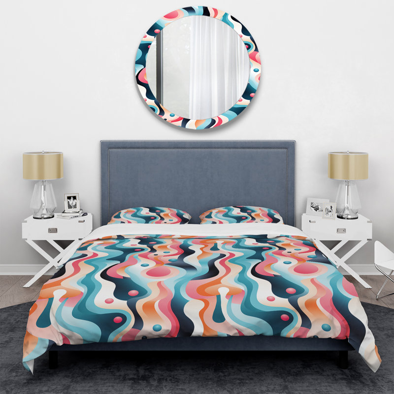 Literie en V rose et bleu Mid-Century, Housse de couette pour grand lit et 2 taies décor