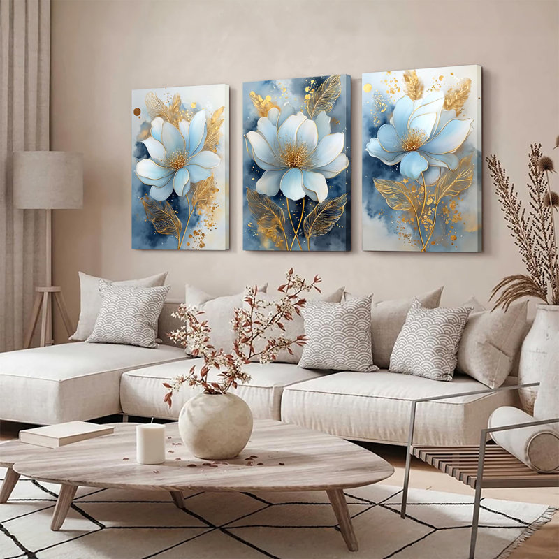 3 pièces d'art floral sur toile blanche et feuille d'or, H 36 po x l 72 po