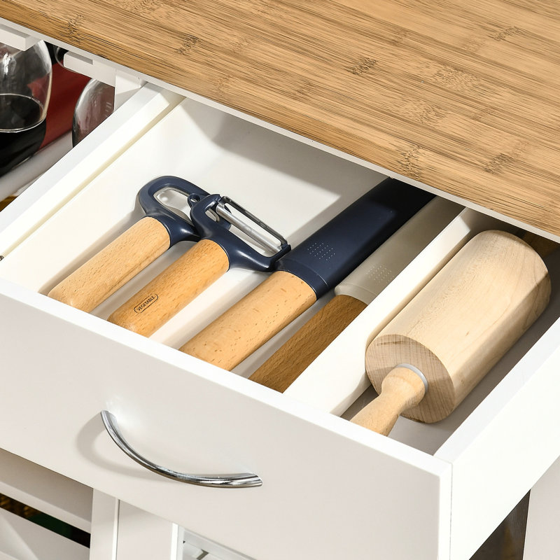 Îlot de cuisine roulant blanc, support à 4 bouteilles, porte-verres à pied, armoire à tiroirs et pratique