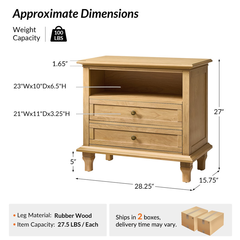 Arthelia Transitional 28.25''W 2-Drawers End Table with Built-In Outlets USB Type-C LED Light Set of 2, Natural