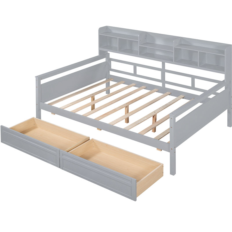 Lit de jour gris avec support en lattes de bois robuste, tablette de chevet, 2 tiroirs - élégant et fonctionnel pour un usage domestique complet en gris, structure à deux supports