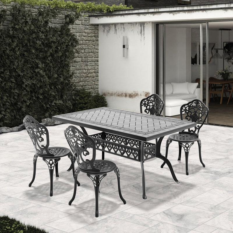 All-Weather 5 Cast Aluminum Dining Suite, Black Frame, Delicate Carving Motifs, Superior Resistance To Weather & Corrosion, Ergonomic Seating Feature, Slip Pad, Easy Assembly Mode Array, Graceful