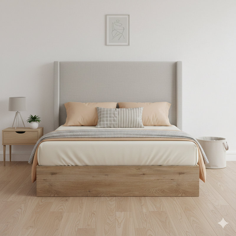 Lit à oreilles tapissier avec tête de lit haute de 54 pouces et base en bois. Mélange de styles rustique, campagnard moderne et scandinave neutre. Grand lit, revêtu de chenille en toile texturée ivoire.