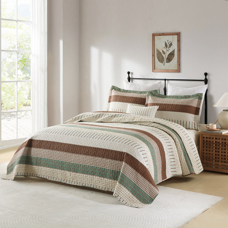Ensemble de courtepointe 100% coton DUHOONG, Courtepointe pour lit grand + deux taies décorati, Brun / Beige / Vert