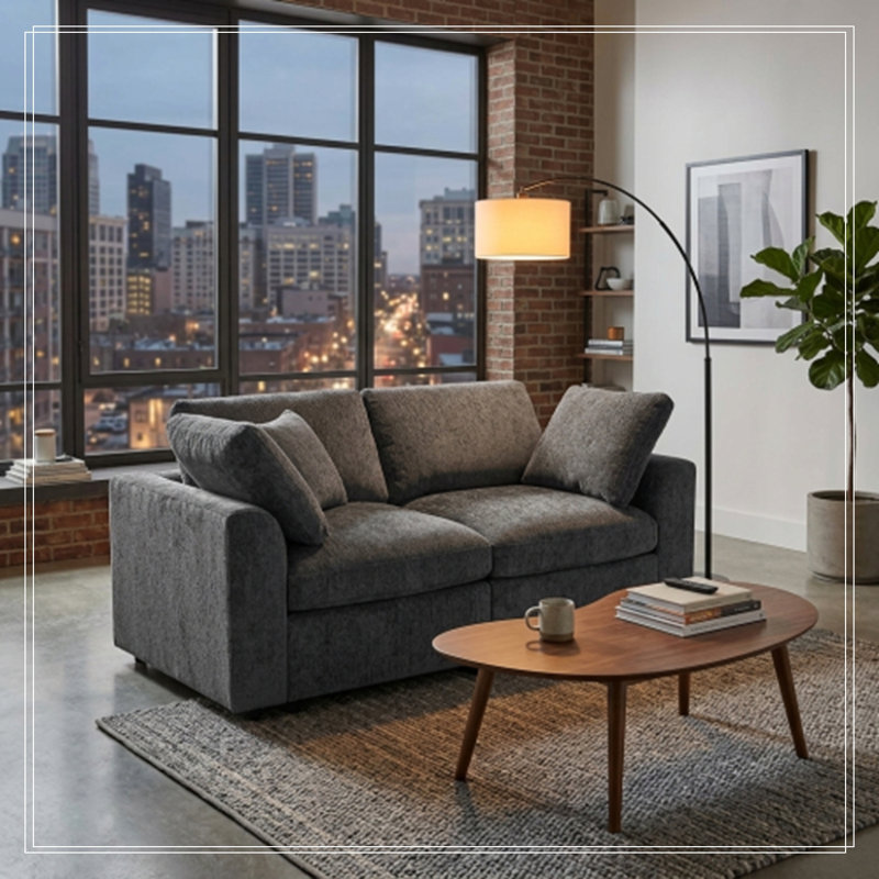 Causeuse en chenille avec structure en bois et coussin décoratif, Gris