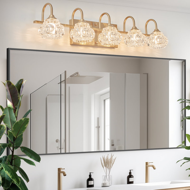 Luminaire de meuble-lavabo moderne, abat-jour en verre cristal, à intensité variable, Doré, 5 lumières