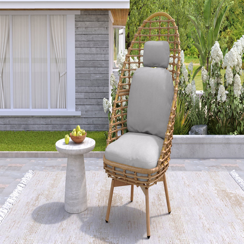 Outdoor Patio Lounge Chair, PE Wicker High-Back Swivel Teak Finished Leg, Light Brown Faux Rattan And Beige Cushion