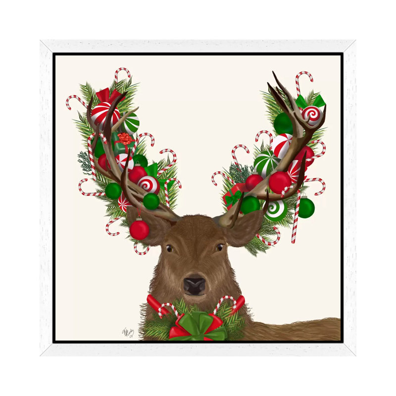 Deer, Candy Cane Wreath by Fab Funky - Painting on Canvas, 45.72 cm H x 45.72 cm W, White Floater Framed