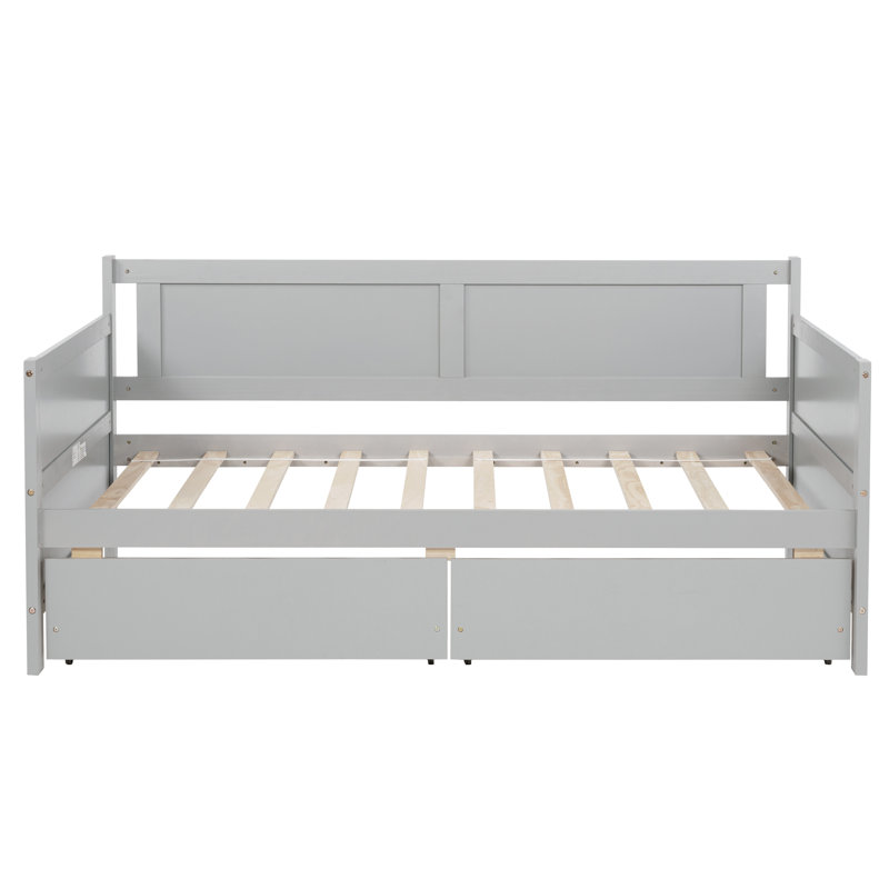 Lit de jour simple en bois de pin avec deux tiroirs de rangement sous le lit, structure en bois massif, Gris