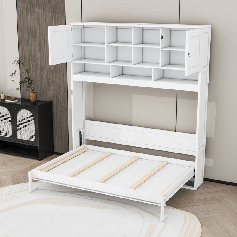 Grand lit escamotable en bois avec tablettes