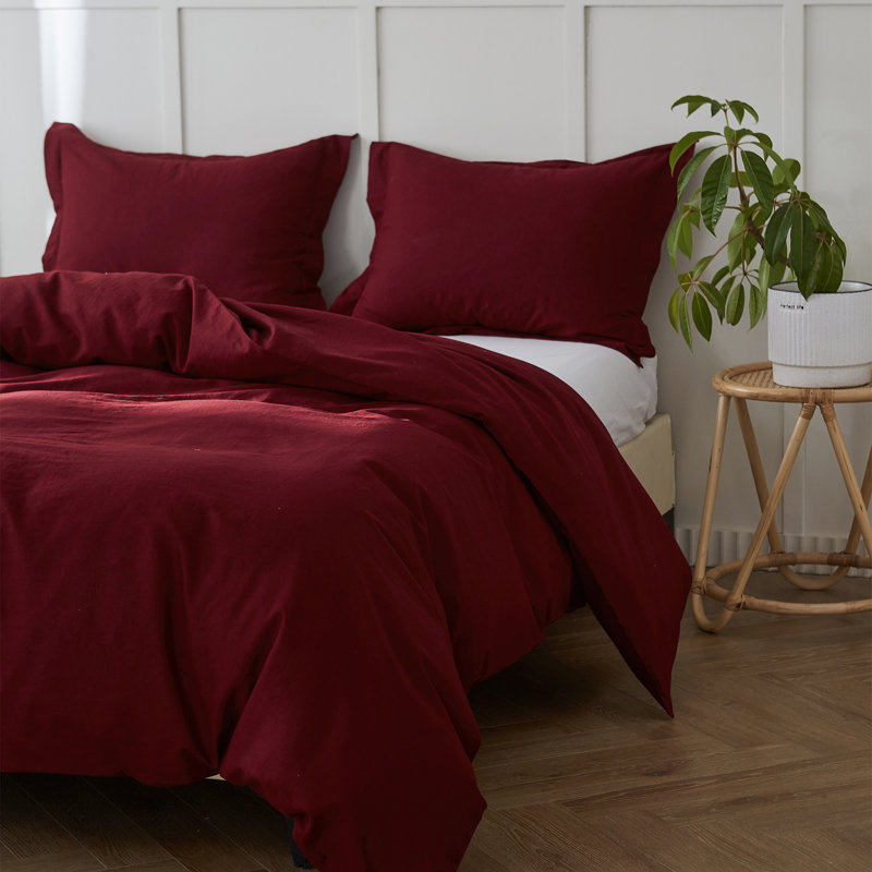 Linen Duvet Cover Set, Queen Duvet Cover + 2 Standard Pillowcases, Burgundy Red