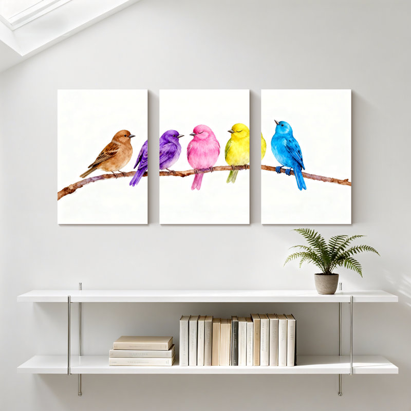 Oiseaux oiseaux colorés perchés sur une branche, ensemble de 3 reproductions d'art sur toile, H 18 po x l 36 po