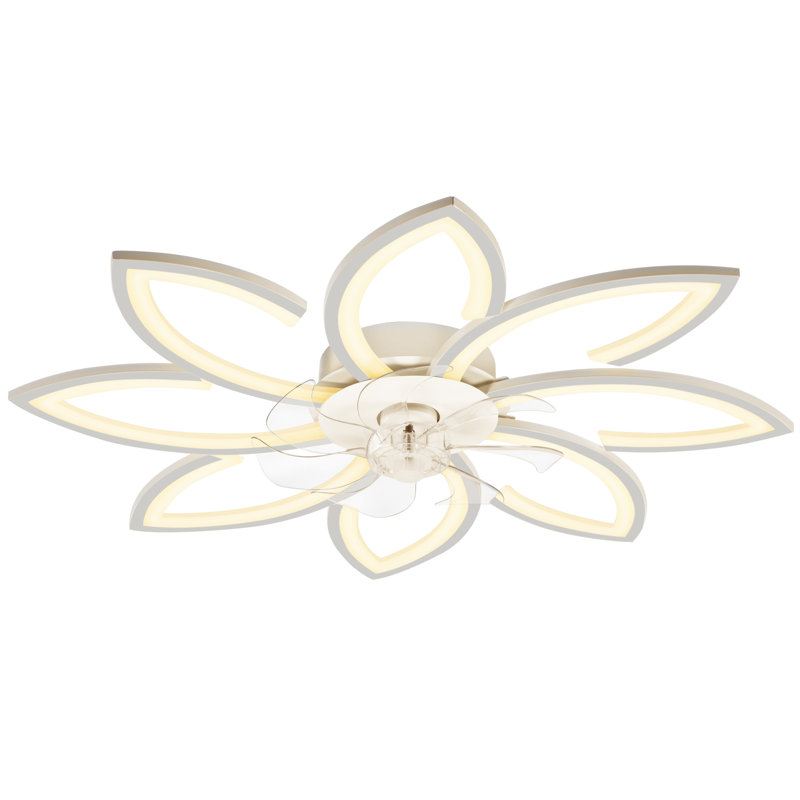 Ventilateur de plafond encastré moderne avec ensemble d'éclairage DEL à intensité variable, RC, pales réversibles, 6 vitesses - fleur