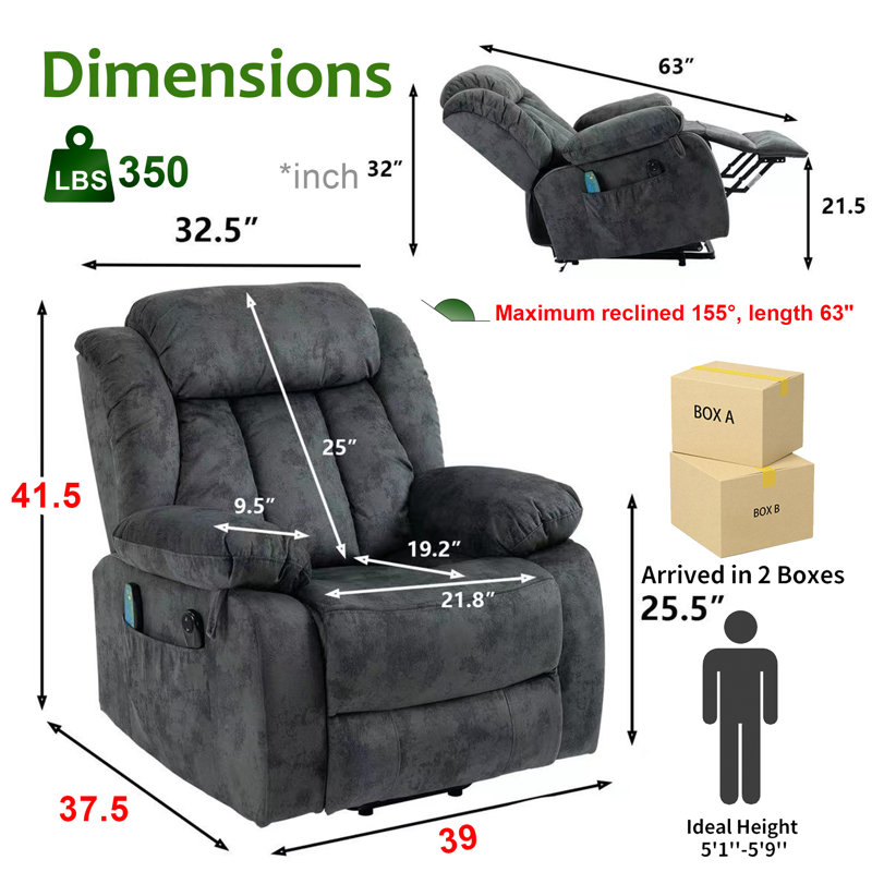 Ryun 39"W Dual Remote Massage Heating Lifting Recliner, Gray